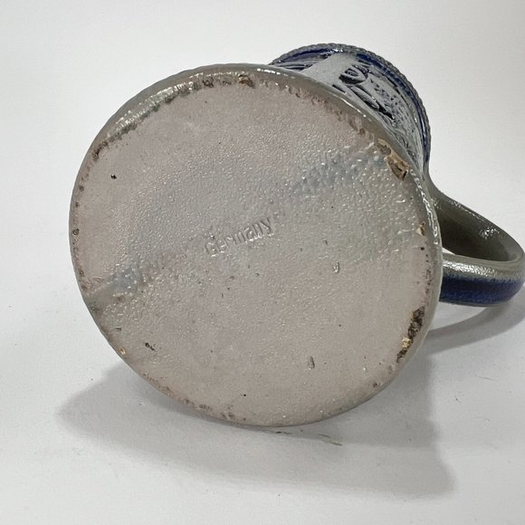 Vtg German Stein Beer Mug Cobalt Blue Grey Salt Glazed 16 oz Embossed Rustic 90s - Picture 9 of 13
